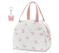 Insulated Lunch Box and Pink Bow Keychain 2 pieces set, Cute Quilted Lunch Tote Bags, Large Capacity Cooler Bag, Cute Coquette Party Favors Bowknot Keychains for Adults Kids School Commutes