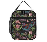 Insulated Lunch Box Chinese Dragon and Flower Peony Lunch Cooler Bag Classical Asian Style Reusable Thermal Meal Container Tote for Work Travel Picnic