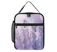 Insulated Lunch Box Lavender Flowers and Two Butterflies Lunch Cooler Bag Purple Reusable Thermal Meal Container Tote for Work Travel Picnic
