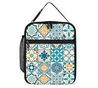 Insulated Lunch Box Vintage Boho Tiles Reusable Portable Lunch Bag with Side Pocket, Spanish Flower Style Small Thermal Meal Cooler Bag Tote for Men Women Work