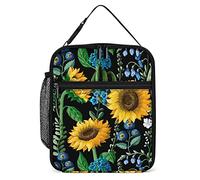 Insulated Lunch Box Watercolor Sunflower Flowers Small Lunch Bag Black Background Yellow Floral Thermal Reusable Work Lunch Cooler for Men Women Office