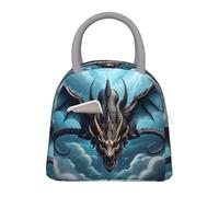 Insulated Lunch Cooler Bag for Women Men - Light Grey Flying Dragon Print Lunch Tote with Front Pocket, for Work Picnic