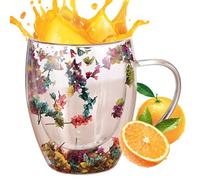 Insulated Mug - Double Wall Milk Cup, Espresso | Heat Resistant Clear Pleasure Structure Shape, Transparent Latte Cappuccino Tea Cups Floral Pattern Thermal Drinking Glass Art with Ka