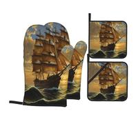 Insulated Oven Mitts & Pot Holders Set, Fantasy Pirate Ship Oven Glove 4 Piece Set, Heat Resistant Kitchen Accessories Pot Holder For Baking Grilling Cooking, Waterproof Non-Slip Grip With Hanging