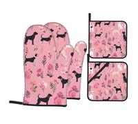Insulated Oven Mitts & Pot Holders Set, French Bulldog Flowers Oven Glove 4 Piece Set, Heat Resistant Kitchen Accessories Pot Holder For Baking Grilling Cooking, Waterproof Non-Slip Grip With Hanging