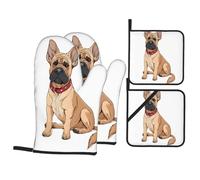 Insulated Oven Mitts & Pot Holders Set, French Bulldog Oven Glove 4 Piece Set, Heat Resistant Kitchen Accessories Pot Holder For Baking Grilling Cooking, Waterproof Non-Slip Grip With Hanging