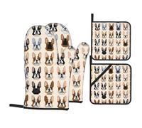 Insulated Oven Mitts & Pot Holders Set, I Love French Bulldog Oven Glove 4 Piece Set, Heat Resistant Kitchen Accessories Pot Holder For Baking Grilling Cooking, Waterproof Non-Slip Grip With Hanging