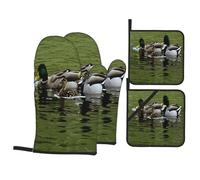 Insulated Oven Mitts & Pot Holders Set, Loon Nature Bird Oven Glove 4 Piece Set, Heat Resistant Kitchen Accessories Pot Holder For Baking Grilling Cooking, Waterproof Non-Slip Grip With Hanging
