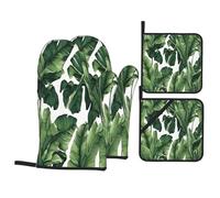 Insulated Oven Mitts & Pot Holders Set, Tropical Banana Palm Leaf Oven Glove 4 Piece Set, Heat Resistant Kitchen Accessories Pot Holder For Baking Grilling Cooking, Waterproof Grip With Hanging