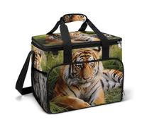Insulated Picnic Backpack Tote Bag, Large Capacity 30L Tiger Laying on The Grass Cooler Bag Leakproof Beach Bags Portable Lunch Box Waterproof Picnic Basket for Beach Camping BBQ