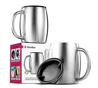 Insulated Stainless Steel Coffee Cups (Set Of 2) BPA-Free Spill Proof Lid- Double Wall Camping Travel Mugs With Handle- Tough & Shatterproof Coffee & Tea Mug, Takeaway Coffee Cup for Hot Drinks- 414ml