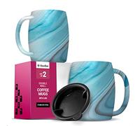 Insulated Stainless-Steel Coffee Mug with Lid and Handle (2 Pk) 14 oz - BPA-Free Spillproof Lid, Double-Wall Camping Travel Coffee Mugs, Exquisite Blue Marble