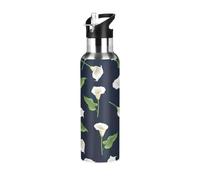 Insulated Stainless Steel Water Bottle with Straw 20 Oz, BPA-Free Sports Water Bottle with Straw for Gym Outdoor Travel School, White Calla Lilies Green Leaves