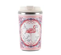 Insulated Travel Coffee Mug 350ml, Ceramic-Coated Stainless Steel Cup, Anti-Tip Suction Base, Dual-Drink Leakproof Lid, Cute Animal Print Reusable Tumbler for Office & Travel，Flamingo