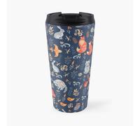 Insulated Travel Coffee Mug Fairy-tale forest. Fox, bear, raccoon, owls, rabbits, flowers and herbs on a blue. Stainless Steel Cup Tumbler 17oz