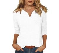 Insulated Under Layer Women 3/ Sleeve Tops for Women Summer Notched V Neck Plain T Shirts Casual Cute Three Quarter Length Blouses Long Sleep Top Womens (White, XL)