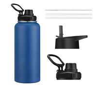 Insulated Water Bottle 1.2L - Double Wall Vacuum Stainless Steel Flask with 2 Lids - Keep Drinks Hot/Cold 24H for Coffee Tea Jugs - Leakproof Large Water Bottle for Gym, Travel & Outdoors 40oz Cobalt