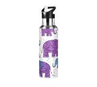 Insulated Water Bottle 20 Oz, BPA-Free Sport Water Bottle for Gym Outdoor Travel School, Cute Purple Elephants Purple Blue