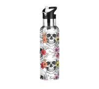 Insulated Water Bottle 20 Oz, Leakproof Water Bottles for Gym Outdoor Travel School, White Skull Colorful Flower