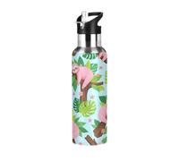 Insulated Water Bottle 32 Oz, Leakproof Water Bottles for Gym Outdoor Travel School, Cute Pink Sloths Green Leaves