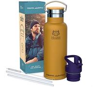 Insulated Water Bottle 500 ml Stainless Steel Vacuum Flask with Neoprene Sleeve, 2 Lids: Sport & Leak-Proof, BPA Free, Drinks Cold 24h/Hot 12h, Travel Flask for Gym, Hiking & Office (Mustard)