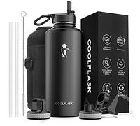 Insulated Water Bottle 87 oz with Straw, Coolflask 2/3 Gallon Stainless Steel Metal 3 Lids Large Water Jug for Sports or Office, Non-BPA Keep Cold Up to 48 Hrs or Hot Up to 24 Hrs, Magic Black