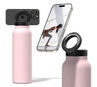 Insulated Water Bottle for iPhone w/Magnetic Phone Mount - Stainless Steel Water Bottle w/Tripod Phone Holder - Hot 12H, Cold 24H, 360° Rotate - Pink 32oz
