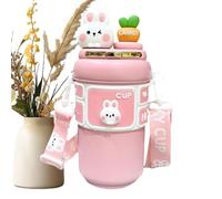 Insulated Water Bottle for Kids Cute Stainless Leak-Proof Coffee Cup (Pink) | stainless steel, 550ml capacity, leak-proof, with straw & strap, keeps drinks hot/cold
