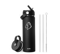 Insulated Water Bottle with Straw, BUZIO Stainless Steel Water Bottle 700 ml Wide Mouth Cold for 48 Hrs Hot for 24 Hrs Insulated Bottle 2 lids, Black