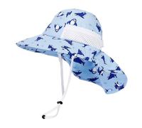 iNszkoos Kid Shark Print Large Brim Sun Hat with Neck Flap 3-10 Years Boys UV Protection Summer Hats with Chin Strap Breathable Beach Adventure Bucket Hat