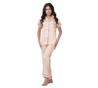 inteblu 2-Piece Silk Satin Sleepwear Pajama Set for Women's | Soft Notch Collar Short Sleeve Button-Down Tops Loungewear with Long Cozy Silky Pant for Nightwear, Pearl Blus - M