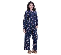 inteblu Women’s Micro Polar Fleece Pyjama Set - Teddy Bear Print Long Sleeve Sleepwear | Cozy Winter Loungewear for Women Night Blue