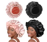 InteDesign 2 PCS Silk Hair Bonnet for Sleeping Adjustable Satin Hair Bonnet Soft Breathable Sleep Cap Women's Hair Protection for The Night, Skin Care,Cleaning and Make up (Black & Blush Pink)
