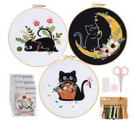 InteDesign 3PCS Embroidery Kit for Adults Beginners, DIY Stitch Craft Set, Embrodiery Gift Set with Flower Cat Pattern, Bamboo Hoop, Thread & Needles,Instruction