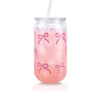 InteDesign 500ml Pink Bow Cups, Bow Plastic Straw Cups with Lids, Flower Girl Cup Smoothie Cup Pink Party Baby Shower, for Milk, Ice Water, Juice, Coffee, Soda,Cocktail,Cold or Hot Drinks (Style 1)