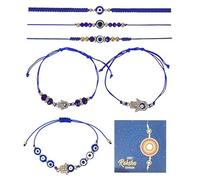 InteDesign 6PCS Rakhi Evil Eye Bracelets with Greeting Card Gifts Set Pack | Adjustable Woven Bracelet for Indian Raksha Bandhan, Bhai Dooj, Bhabhi, Brother & Sister Rakhi Thread (Blue)