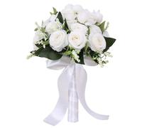 InteDesign Artificial White Rose Wedding Bouquet, Medium Size, 1 Count, Realistic Silk Flowers, Pre-arranged, Classic/Elegant Style, Perfect for Weddings & Home Decor