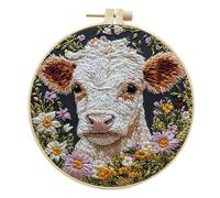InteDesign Embroidery Kits for Beginners, DIY Embroidery Starter Kit with Cute Highland Cow Daisy Flowers Plants Pattern Instruction,Bamboo Hoops, Threads and Needles (Cattle)