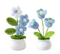 InteDesign Hand Crocheted Flowers, 2PCS Blue Crochet Flower Plant, Handmade Crochet Bell Orchid, Blue Knitted Bouquet, Simulated Small Potted Plant,for Home Office Desktop Car Decoration,Gifts