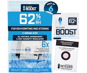 Integra Boost - 62% RH Level - 2 Gram Size - Two-Way Humidity Control Pack Incl. Replacement Indicator Cards - Moisture Balancer Packet For Food Storage & Preserving Herbs, Protects 1/4 Oz (Pack of 6)