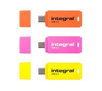 Integral 3 Pack Neon-C 64GB USB 3.2 Gen 1 Flash Drive - High-Speed Type-C/USB 3.1/3.0, NEON Yellow/Orange/Pink, Read 150MB/s, Write 30MB/s, Plug-and-Play, Portable Storage for PC, Mac, Laptop