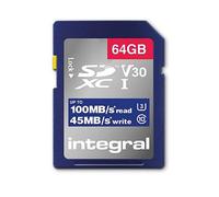 Integral INSDX64G-100V30 64GB SD CARD SDXC UHS-1 U3 CL10 V30 UP TO 100MBS READ 45MBS WRITE UHS-I
