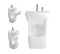 Integrated Ablution Ceramic Wash Basin, Dual Level Ablution Basin with Faucet Adjustable, Vertical Basin for Wudu Hand Face Foot Washing, Floor-Standing Basins for Bathroom Balcony(A)
