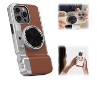 Integrated Bluetooth Mirror Camera Phone Case with Magnetic Suction, Vintage Style for iPhone14 Promax (Brown)