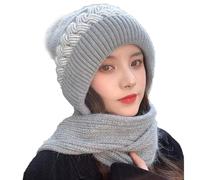 Integrated Ear Protection Windproof Cap Scarf - 2 in 1 Hooded Scarf Women, Winter Warm Knitted Hat Scarf,Thickening Beanie Hat Scarf,Winter Knitted Beanie for Women Men (UK, Alpha, One Size, B-Grey)