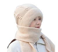 LAKEMON Integrated Ear Protection Windproof Cap Scarf, Knitting Thick Warm Ear Guard Hat, Fashion Winter Warm Knitted Hat for Women (Beige)