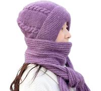 Integrated Ear Protection Windproof Cap Scarf Knitting Thickening Hat Winter,Plus Velvet Thick Winter Knitted Hat for Women (Purple)