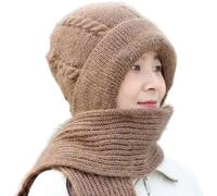 Integrated Ear Protection Windproof Cap Scarf Knitting Thickening Hat Winter,Plus Velvet Thick Winter Knitted Hat for Women (Khaki)