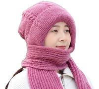 Integrated Ear Protection Windproof Cap Scarf Knitting Thickening Hat Winter,Plus Velvet Thick Winter Knitted Hat for Women (Pink)