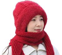 Integrated Ear Protection Windproof Cap Scarf Knitting Thickening Hat Winter,Plus Velvet Thick Winter Knitted Hat for Women (Red)